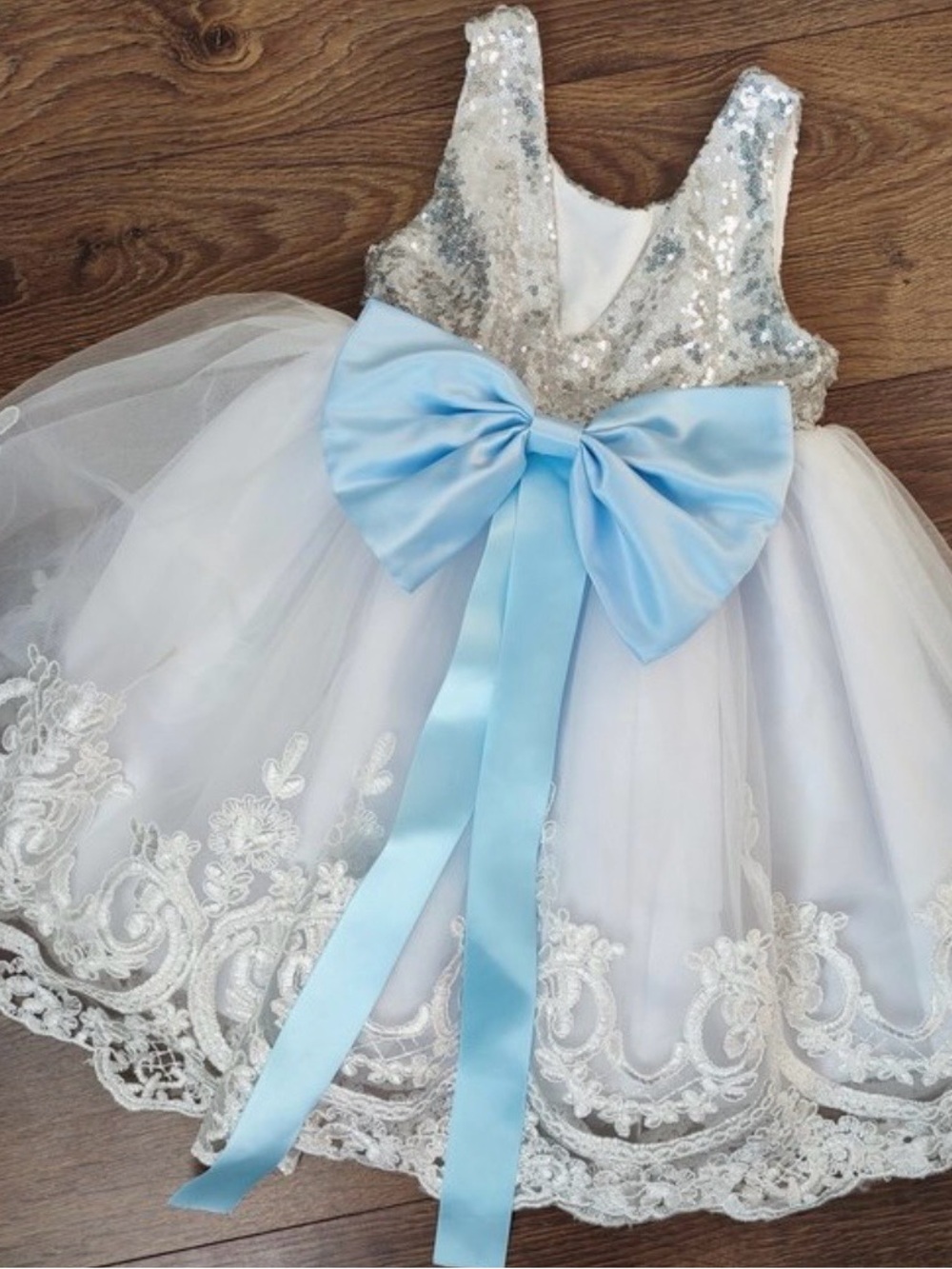 Silver Sequin & White Lace Tulle Flower Girl Dress with Blue Bow